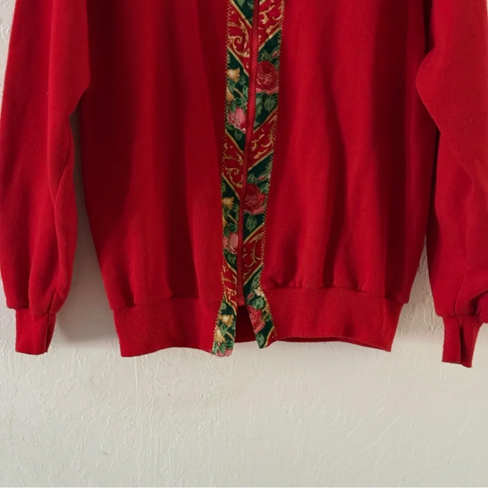 Vintage 90s Women’s Handmade Sweatshirt Jacket Size L Full‎ Zip Red Roses Leaves
